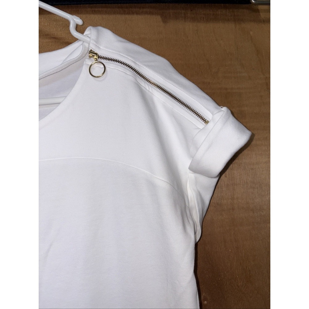 Lands' End White Solid Short Sleeve Round Neck T-Shirt Zipper Logo Women's L - Picture 3 of 8